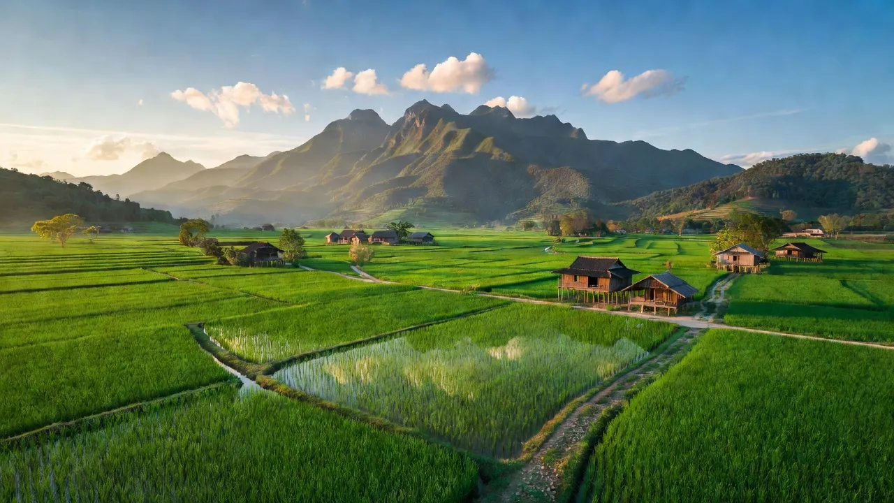 Cảnh sắc thiên nhiên xã Lệ Viễn, huyện Sơn Động, Bắc Giang với cánh đồng và núi non xanh tươi.