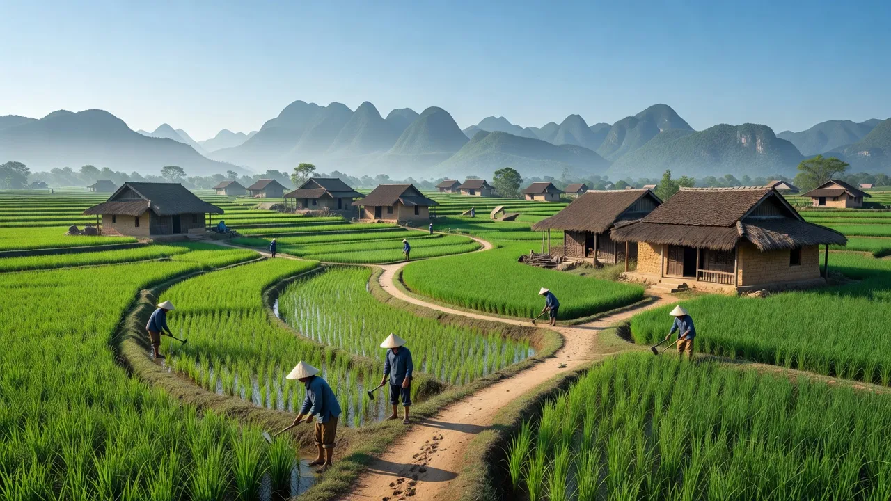 Khung cảnh yên bình của xã Lệ Viễn, huyện Sơn Động, tỉnh Bắc Giang với cánh đồng xanh tươi.