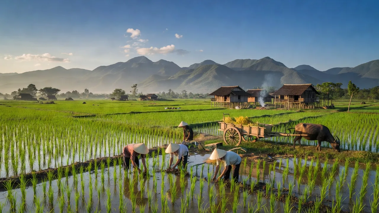 Cảnh nông thôn xã Phúc Sơn, huyện Sơn Động, Bắc Giang với cánh đồng xanh và núi non.