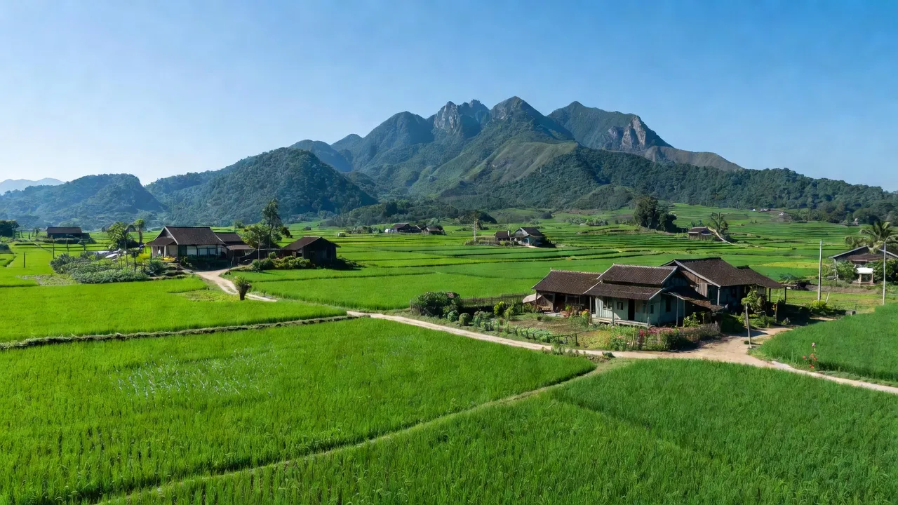 Cảnh đồng xanh tự nhiên ở xã Thanh Luận, huyện Sơn Động, Bắc Giang, nổi bật vẻ đẹp nông thôn.