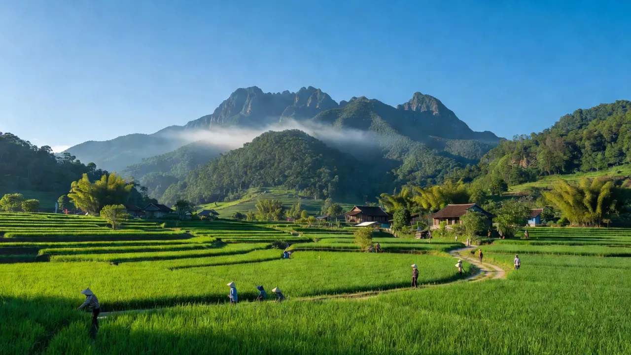 Cảnh sắc xã Thanh Luận, huyện Sơn Động, Bắc Giang với cánh đồng và núi non xanh tươi.