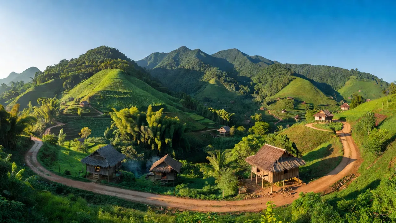 Khung cảnh thơ mộng Xã Tuấn Đạo, Huyện Sơn Động với núi xanh và nhà truyền thống.