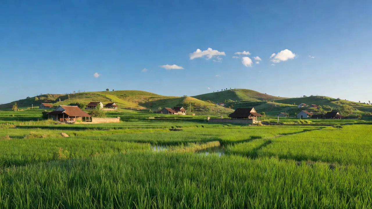 Cảnh quan xã Vĩnh An, huyện Sơn Động, Bắc Giang với cánh đồng xanh và ngôi nhà truyền thống.