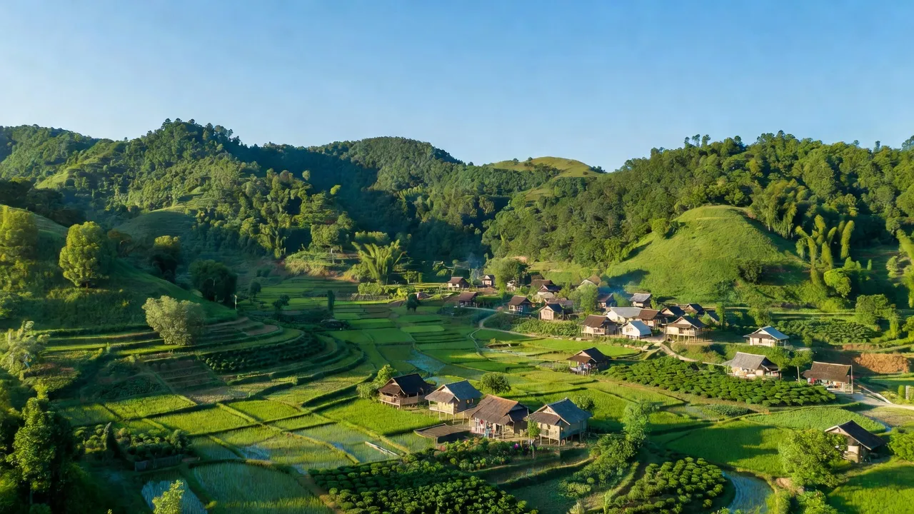Cảnh đẹp xã Yên Định, huyện Sơn Động, tỉnh Bắc Giang với đồi núi và đồng ruộng xanh tươi.