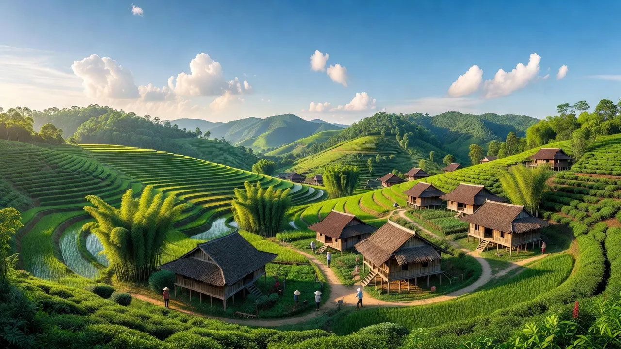 Cảnh đẹp huyện Tân Yên, Bắc Giang với đồi núi xanh mướt và không gian văn hóa địa phương.