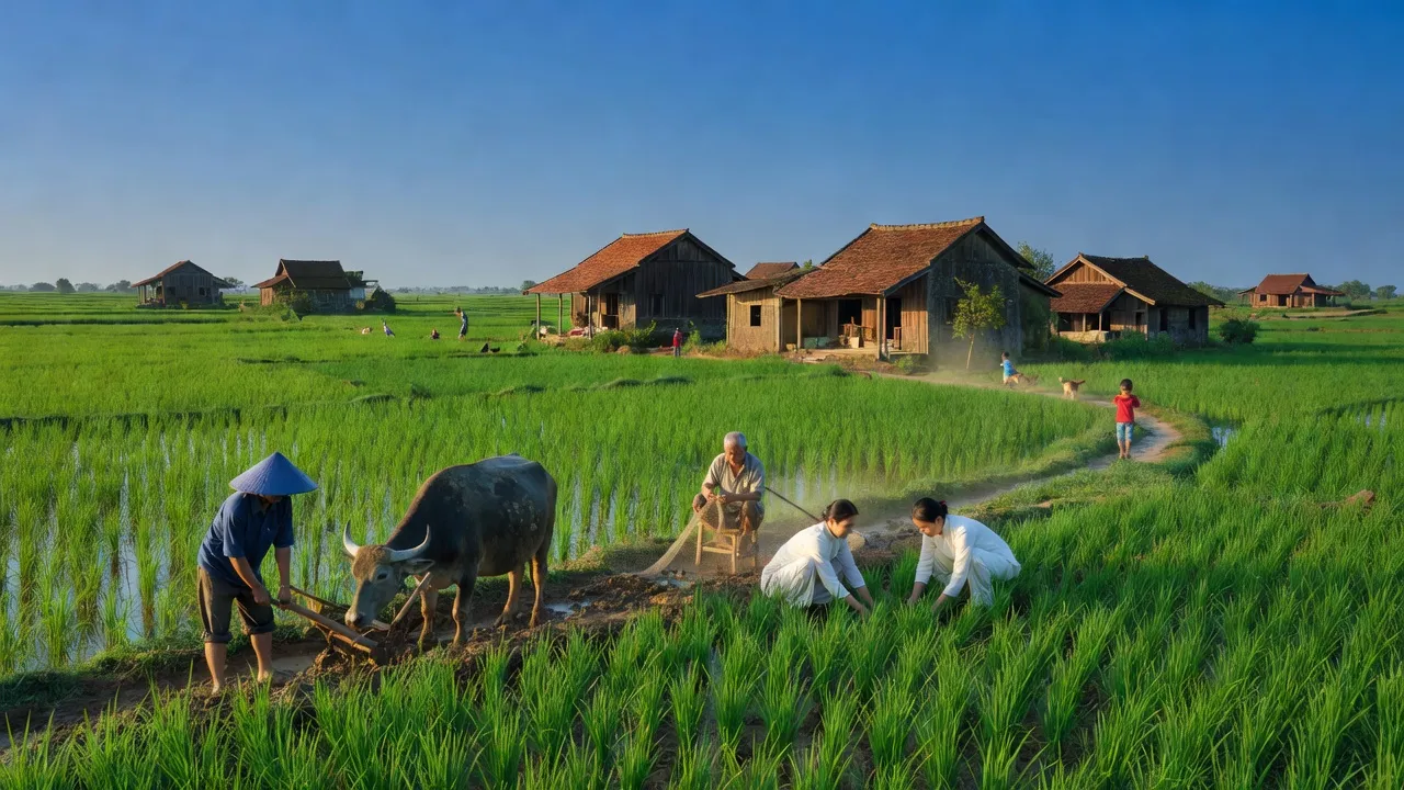 Bức tranh phong cảnh xã An Dương, huyện Tân Yên, tỉnh Bắc Giang với cánh đồng xanh tươi.