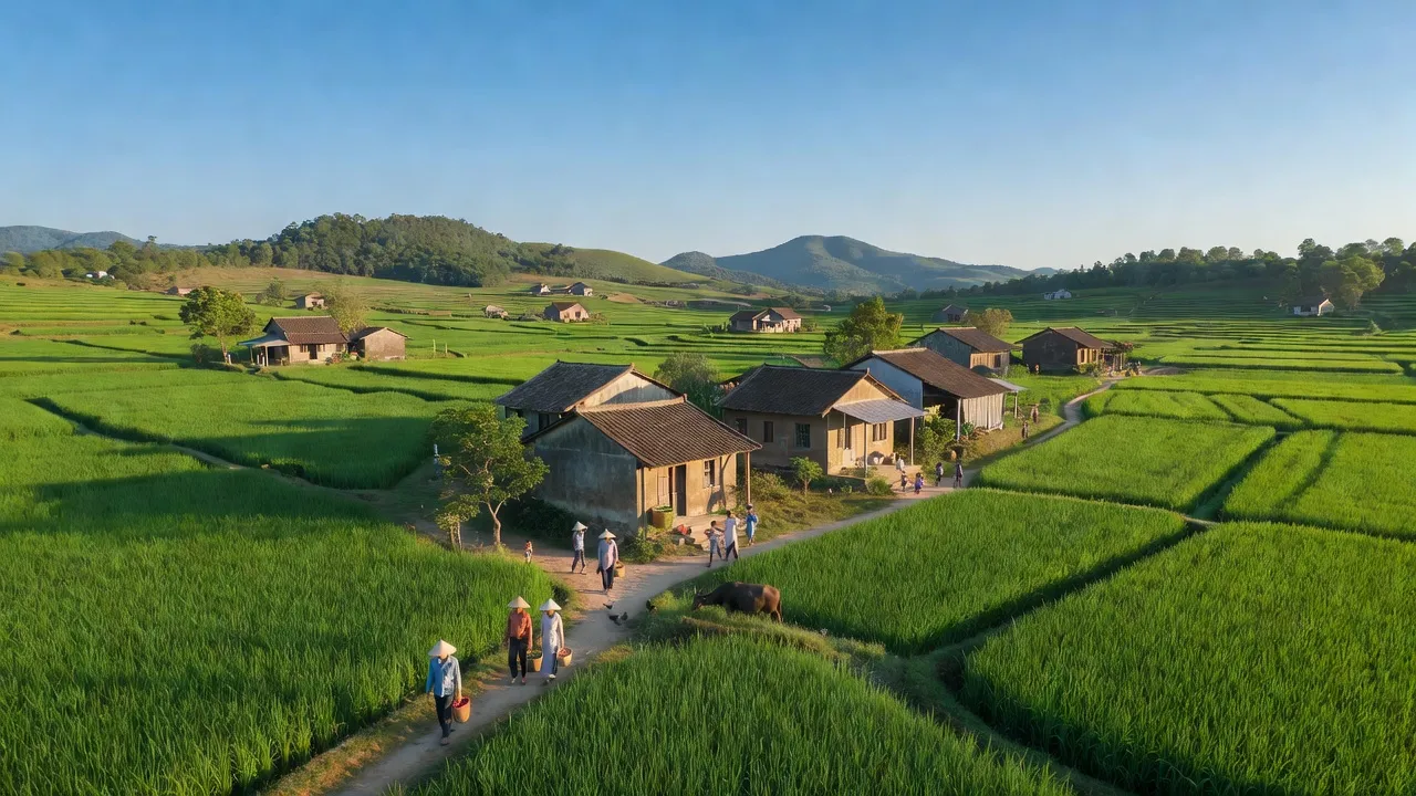 Khung cảnh yên bình ở xã An Dương, huyện Tân Yên, tỉnh Bắc Giang với cánh đồng xanh.