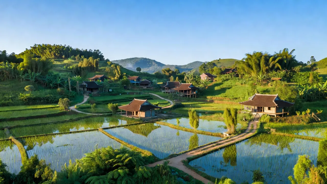 Cảnh đẹp xã Cao Xá, huyện Tân Yên, tỉnh Bắc Giang, đồi núi xanh mướt, nhà truyền thống và cánh đồng.
