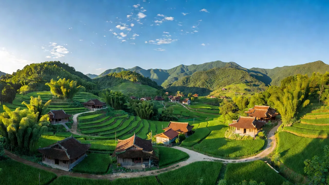 Cảnh đẹp xã Hợp Đức, huyện Tân Yên, tỉnh Bắc Giang với núi xanh và nhà truyền thống.