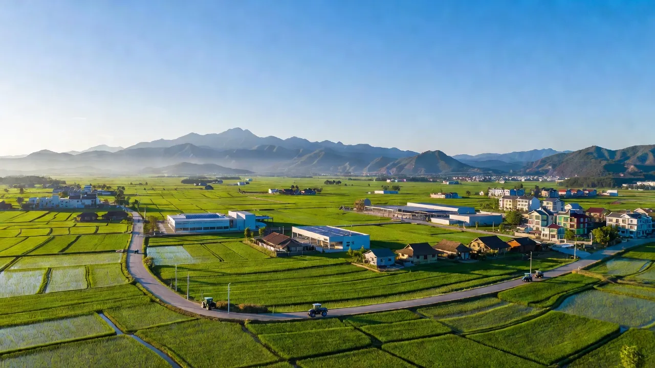 Cảnh đẹp xã Lam Sơn, huyện Tân Yên, Bắc Giang với cánh đồng và núi non xanh tươi.