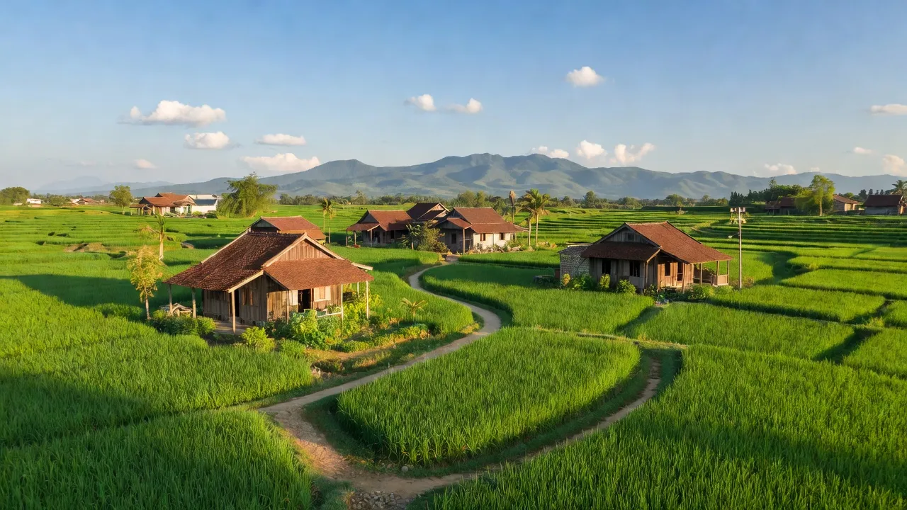 Phong cảnh yên bình xã Lam Sơn, huyện Tân Yên, tỉnh Bắc Giang với đồng lúa và nhà truyền thống.
