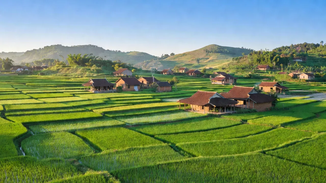 Khung cảnh làng Liên Sơn, huyện Tân Yên, Bắc Giang với đồng lúa xanh tươi và nhà truyền thống.