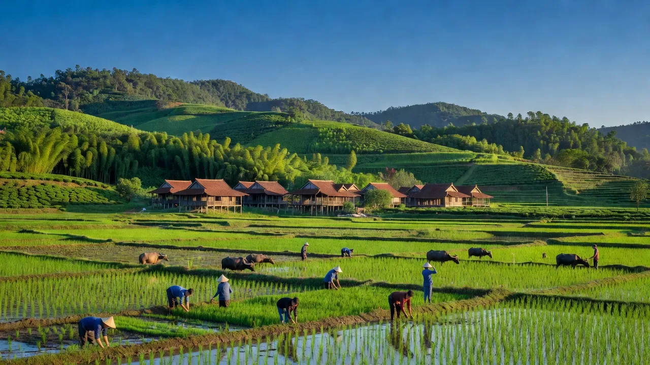 Khung cảnh xã Ngọc Châu, huyện Tân Yên, tỉnh Bắc Giang với núi xanh và nhà truyền thống.