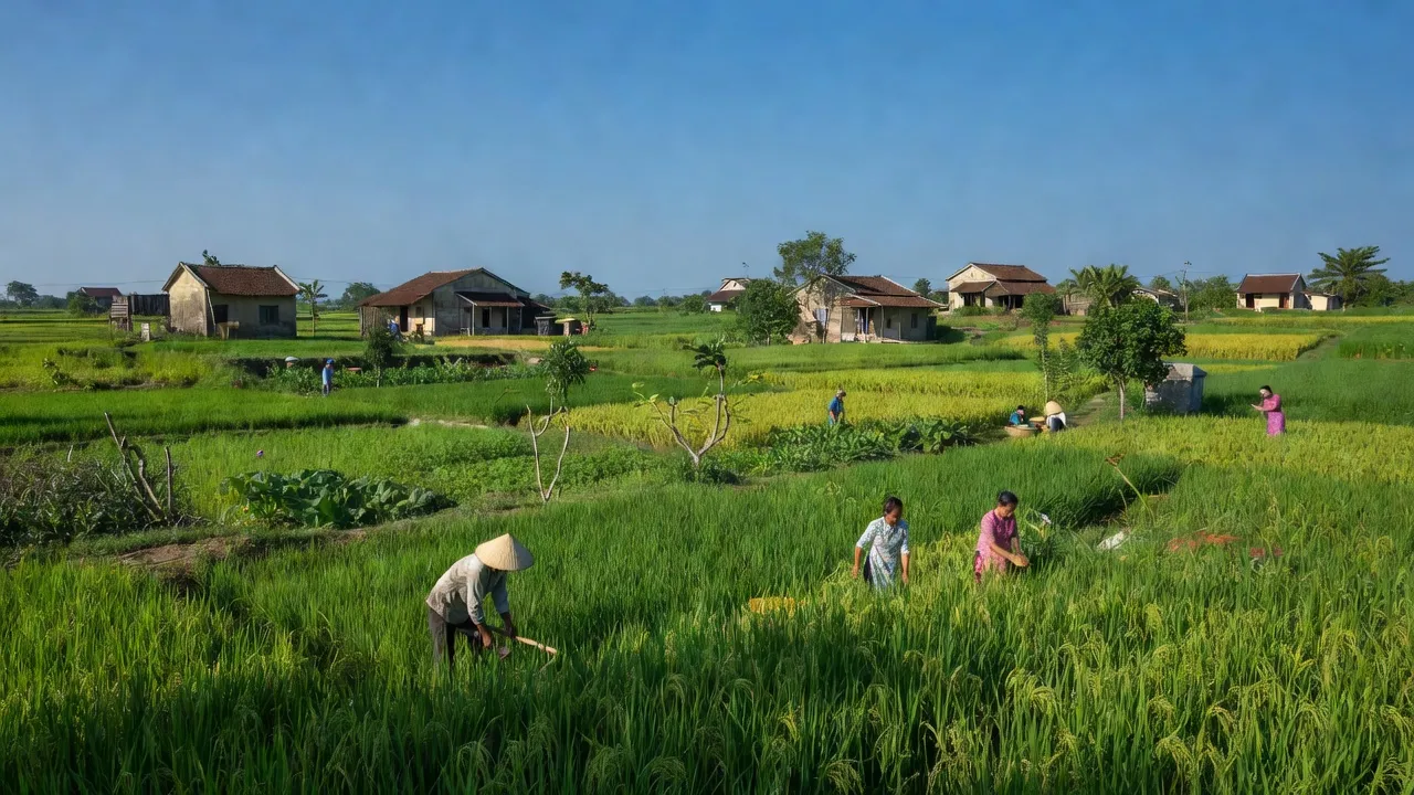 Khung cảnh xã Ngọc Lý, huyện Tân Yên, Bắc Giang với cánh đồng xanh và nhà nông thôn.