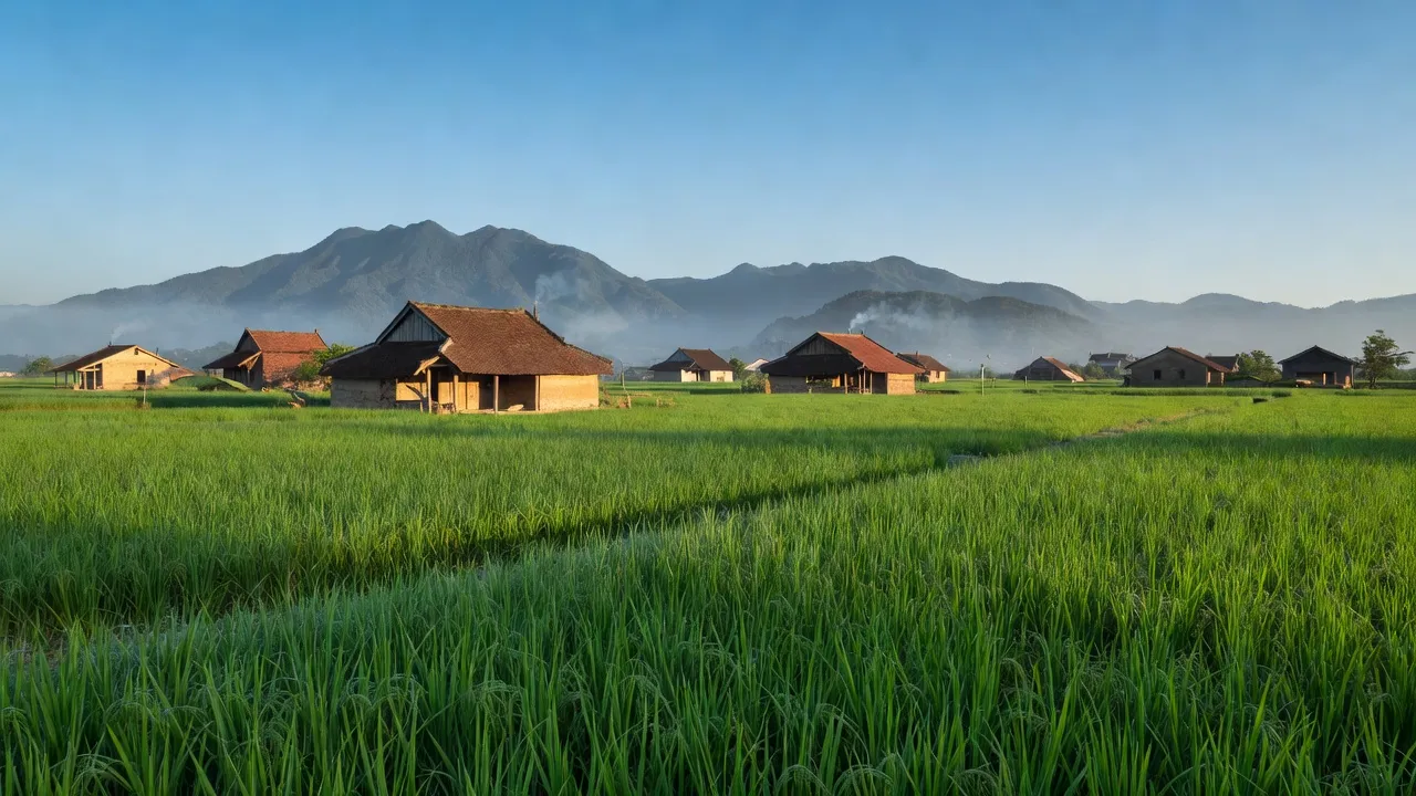 Cảnh quan yên bình ở Xã Ngọc Vân, Tân Yên, Bắc Giang với cánh đồng xanh và nhà truyền thống.