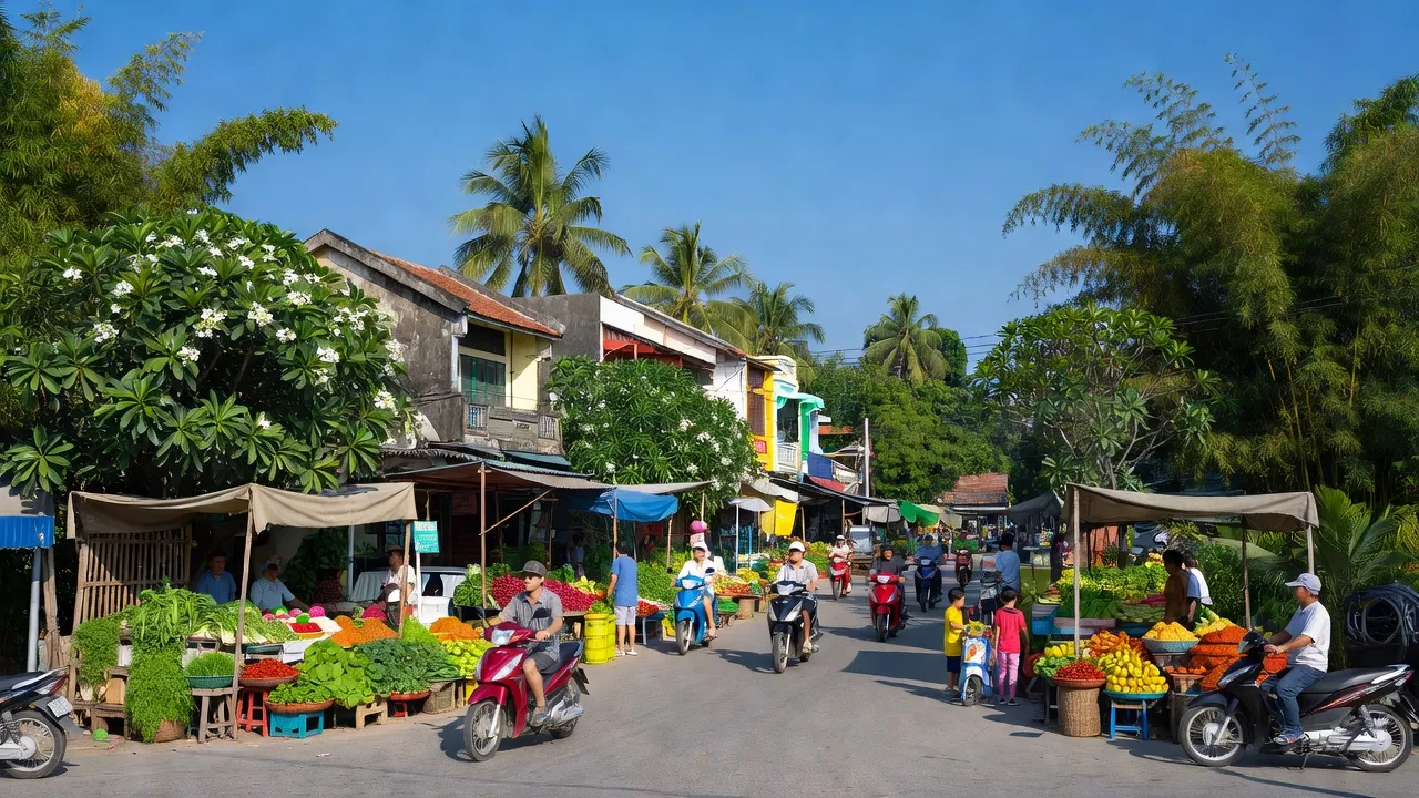 Thị trấn Nhã Nam, huyện Tân Yên, Bắc Giang với cảnh quan sống động, con đường và chợ địa phương.