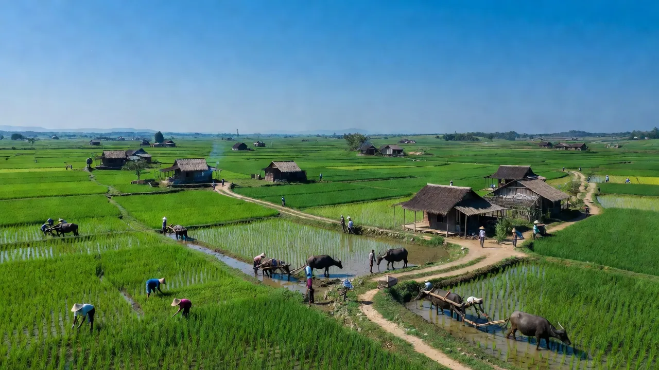 Khung cảnh nông thôn xã Phúc Hòa, huyện Tân Yên, tỉnh Bắc Giang với cánh đồng xanh mướt.