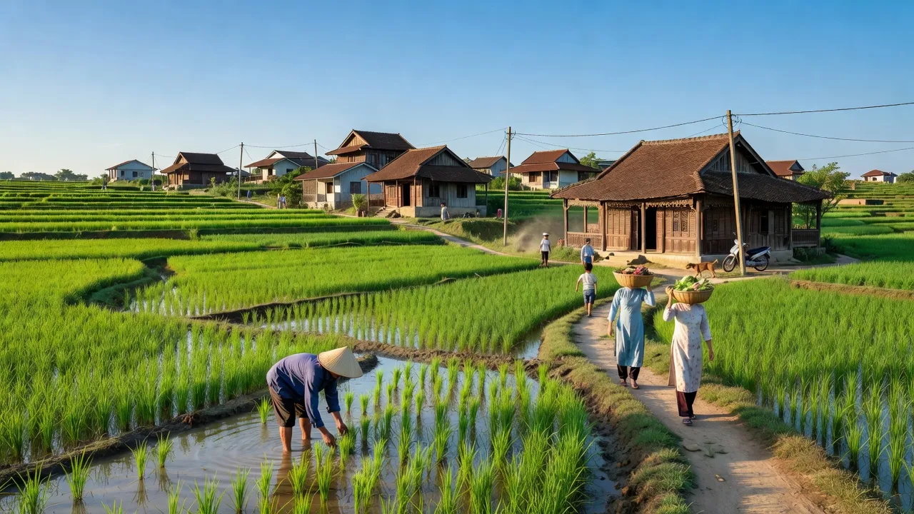Khung cảnh làng Quang Trung, huyện Tân Yên, tỉnh Bắc Giang với đồng lúa xanh tốt và nhà truyền thống.