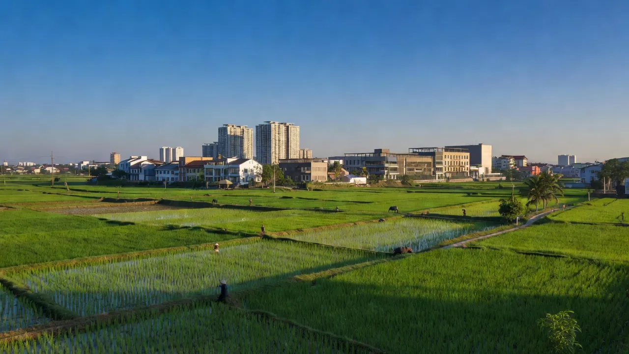 Quế Nham, Tân Yên, Bắc Giang with green fields and urban development, Vietnamese rural landscape.