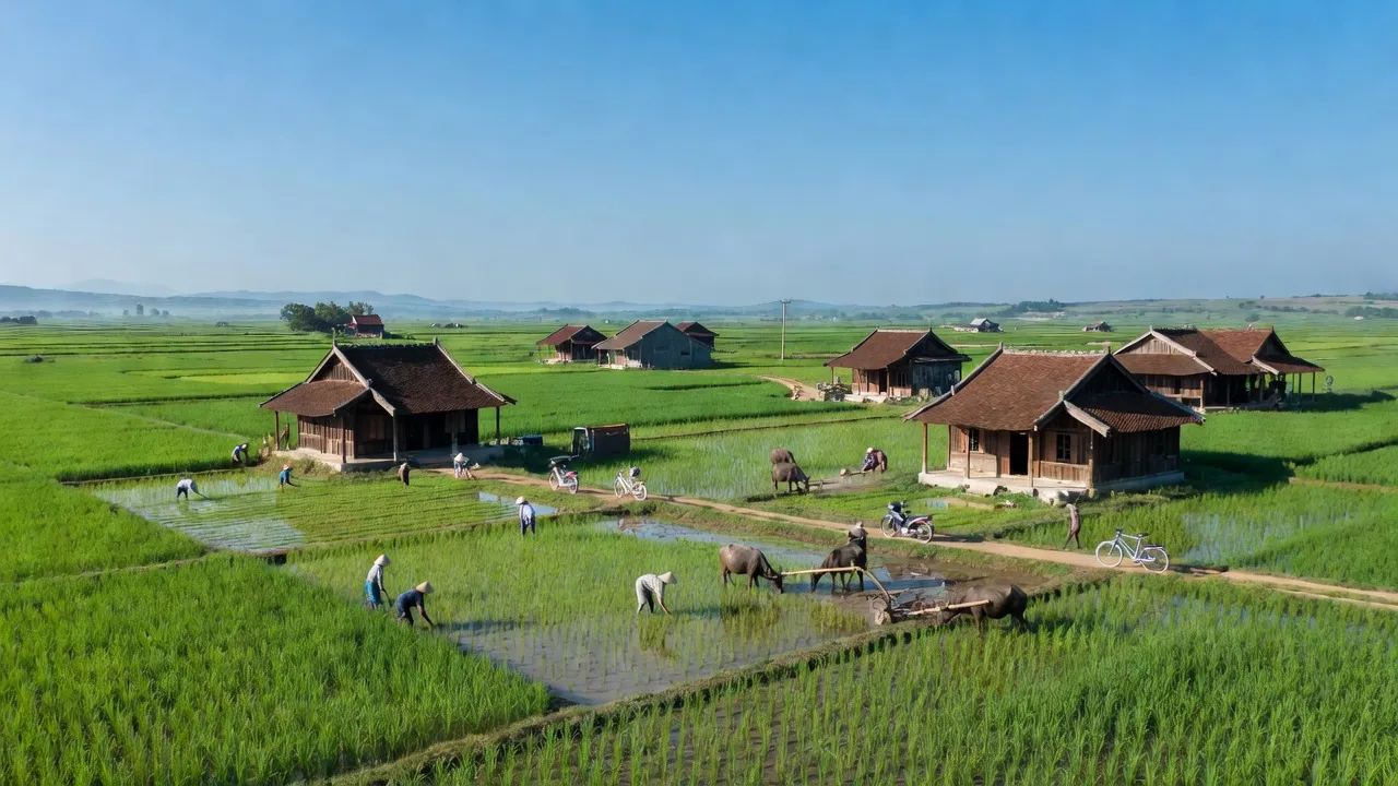 Khung cảnh đẹp của xã Song Vân, huyện Tân Yên, tỉnh Bắc Giang với cánh đồng xanh.