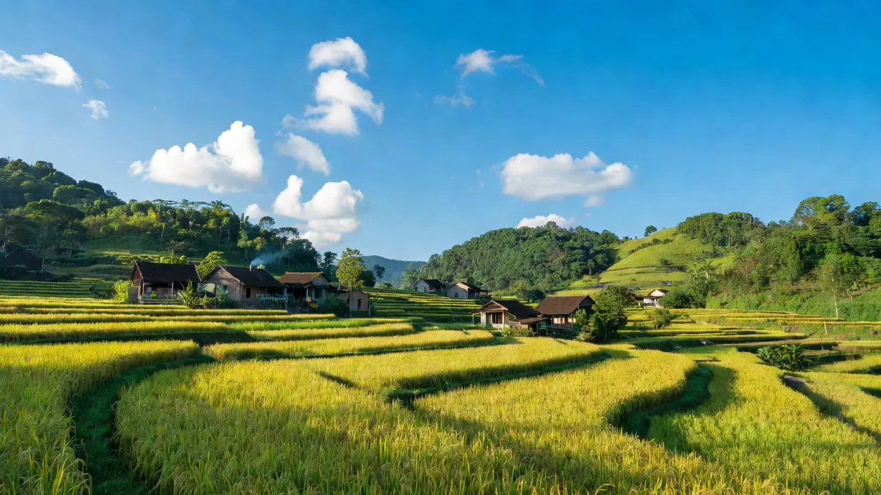 Phong cảnh xã Song Vân, huyện Tân Yên, Bắc Giang với cánh đồng lúa, nhà ở và trời xanh.