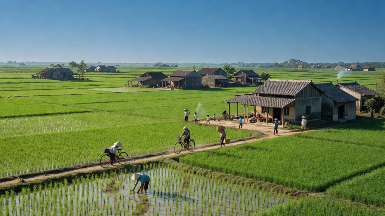 Cảnh quan xã Tân Trung, huyện Tân Yên, tỉnh Bắc Giang, với cánh đồng và bầu trời trong xanh.