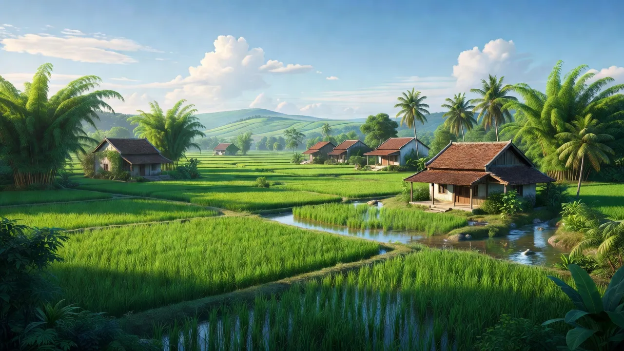 Cảnh quan xanh tươi xã Tân Trung, huyện Tân Yên, tỉnh Bắc Giang với cánh đồng và nhà truyền thống.