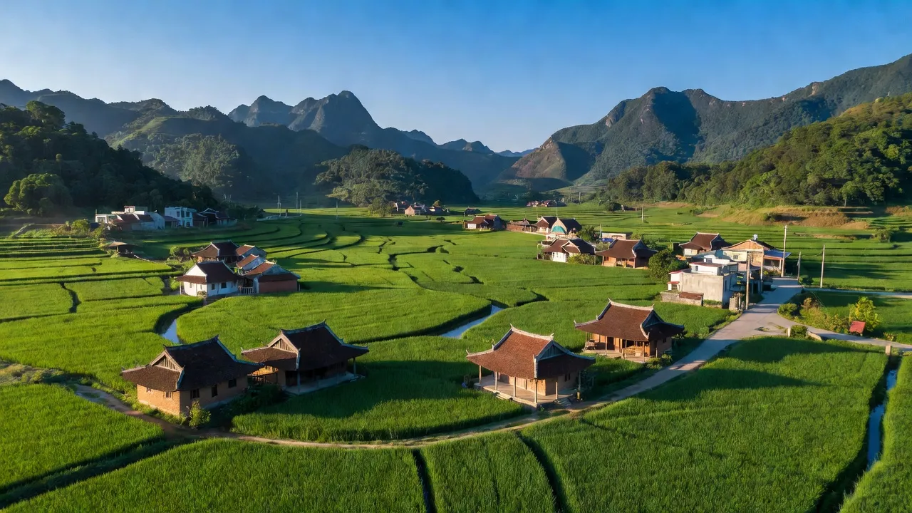 Cảnh đẹp xã Việt Lập, huyện Tân Yên, Bắc Giang, với cánh đồng xanh và núi. Green fields and mountains in Viet Lap.