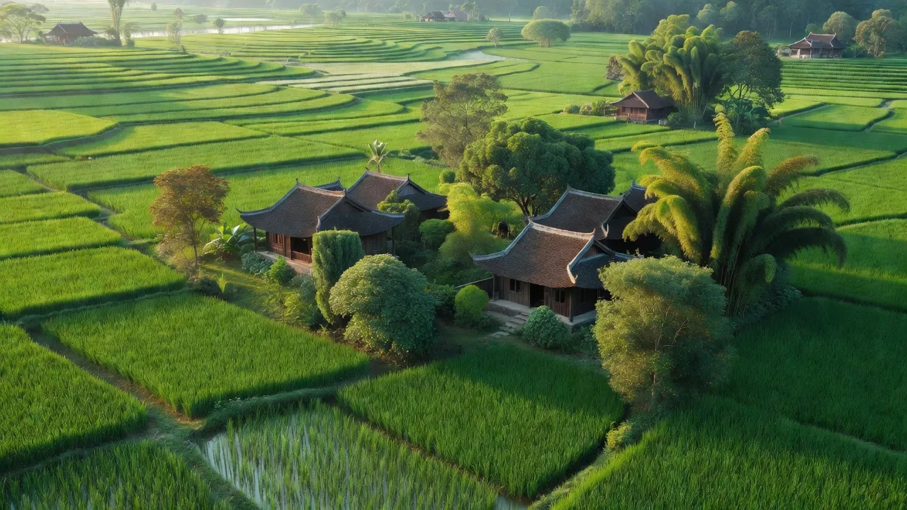 Khung cảnh xã Việt Lập, huyện Tân Yên, Bắc Giang với cây cối và đồng ruộng xanh tươi.