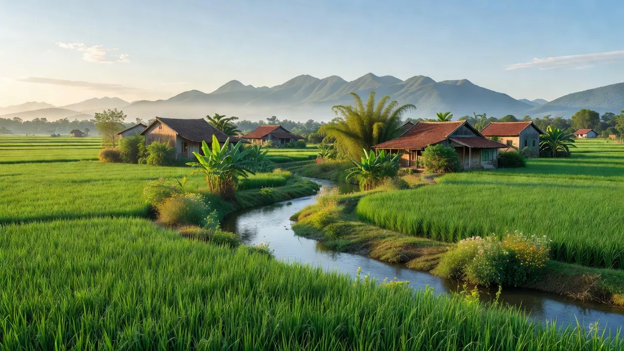 Cảnh đẹp xã Việt Ngọc, huyện Tân Yên, Bắc Giang, cánh đồng xanh và nhà cửa bình yên.