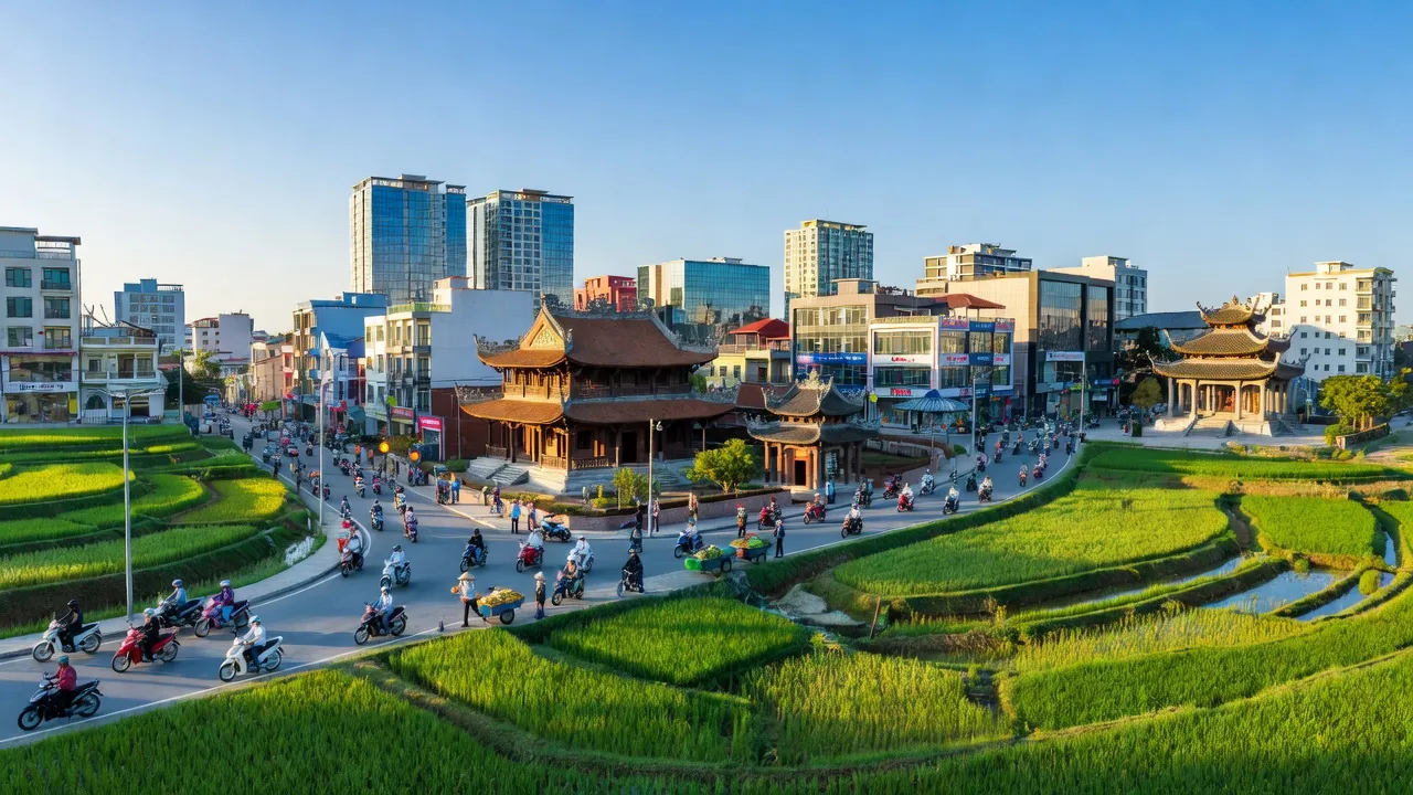 Khung cảnh thị xã Việt Yên, Bắc Giang với kiến trúc hiện đại và cuộc sống địa phương sôi động.