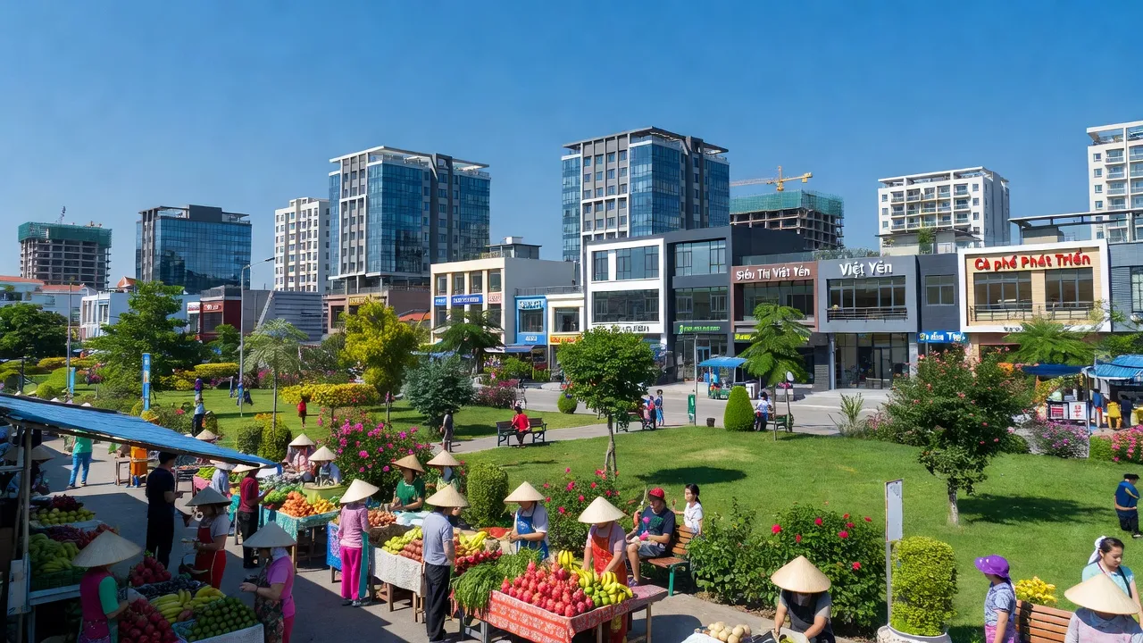 Thị xã Việt Yên, Bắc Giang, phát triển đô thị và không gian xanh, với đời sống cộng đồng sôi động.