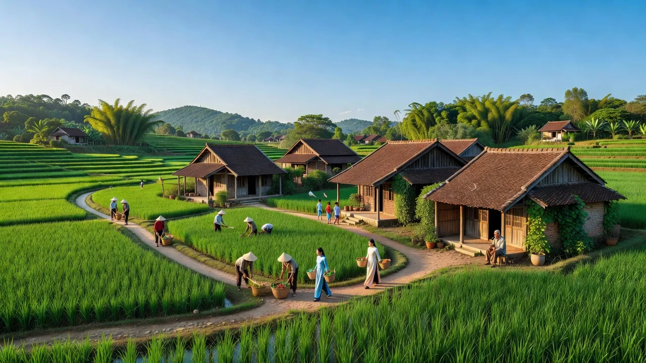 Khung cảnh phường Bích Động, thị xã Việt Yên, Bắc Giang với nhà truyền thống và thiên nhiên xanh tươi.