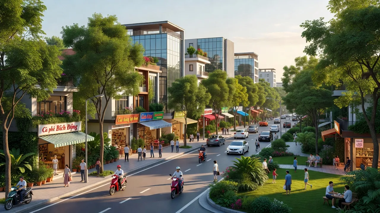 Phường Bích Động, Việt Yên, Bắc Giang với cây xanh, đường phố nhộn nhịp, thể hiện đời sống địa phương.