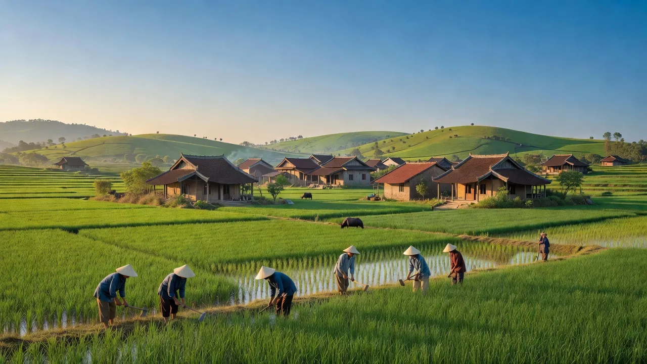 Khung cảnh làng Hương Mai, Thị Xã Việt Yên, Bắc Giang, với đồng xanh và nhà truyền thống.