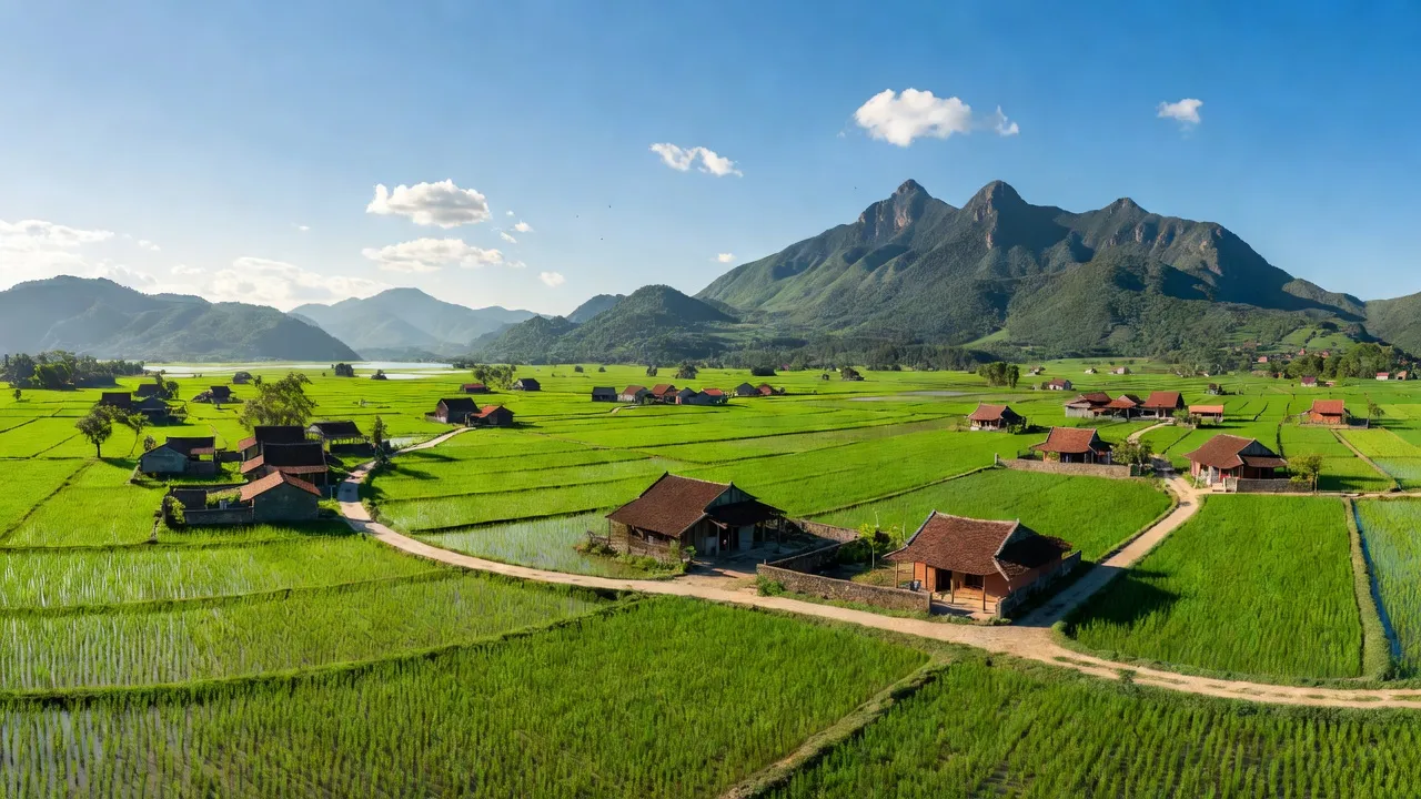 Cảnh sắc thiên nhiên xã Nghĩa Trung, Việt Yên, Bắc Giang với cánh đồng và núi non xanh tươi.
