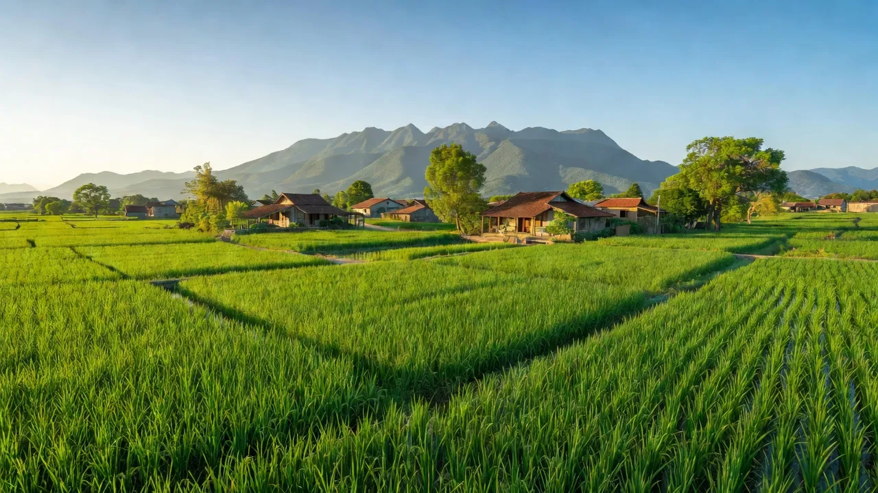 Khung cảnh xã Nghĩa Trung, thị xã Việt Yên, Bắc Giang với núi và ruộng xanh.