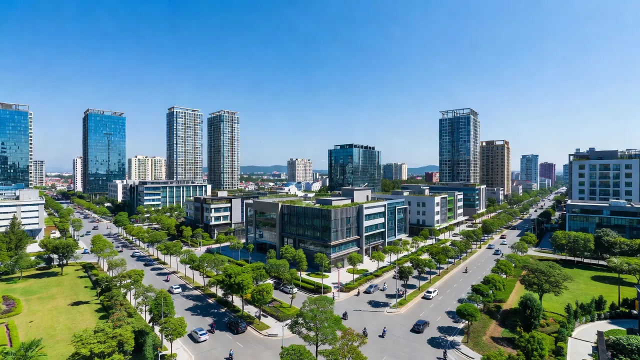 Cảnh quan phường Ninh Sơn, Thị Xã Việt Yên, Bắc Giang với kiến trúc hiện đại và cây xanh.