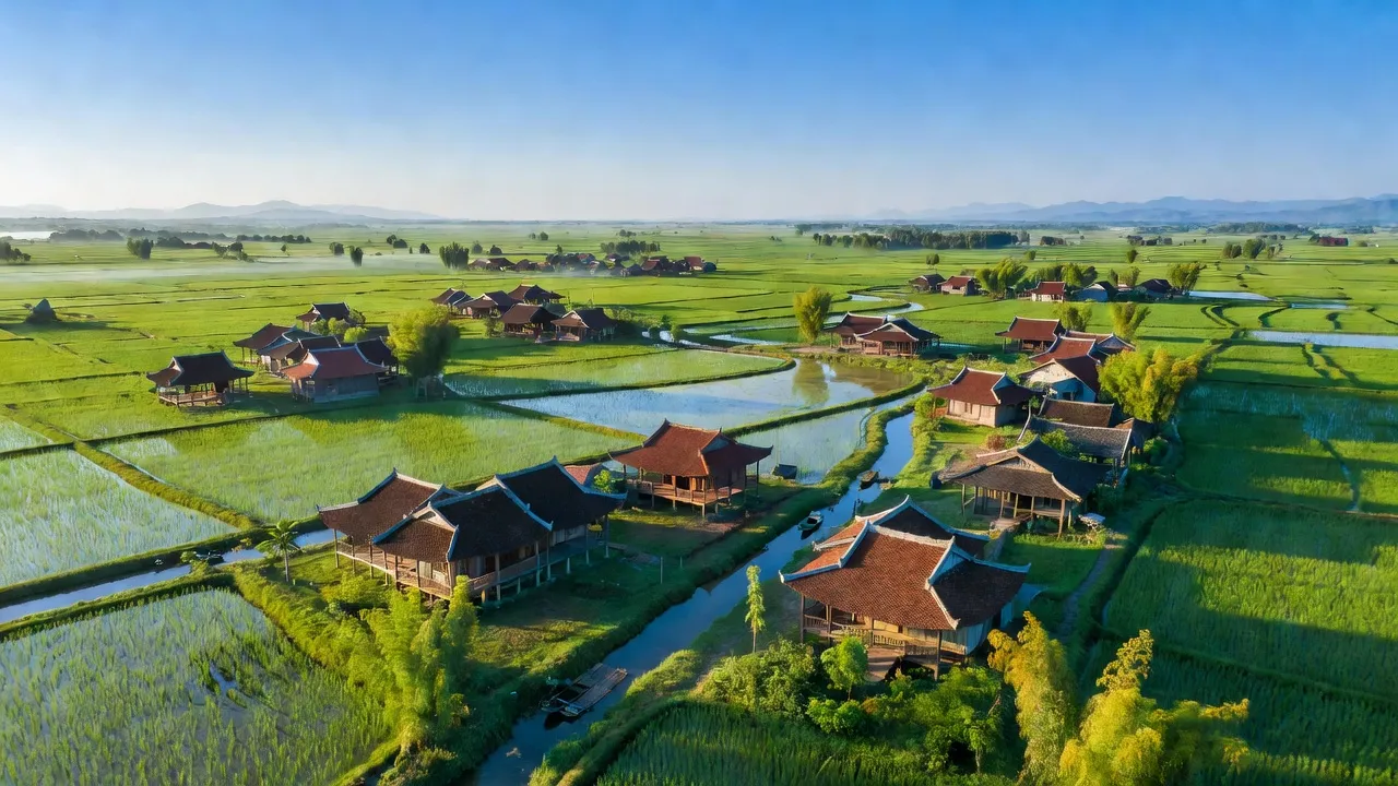 Cảnh đẹp Xã Thượng Lan, Việt Yên, Bắc Giang với đồng cỏ xanh và nhà truyền thống.