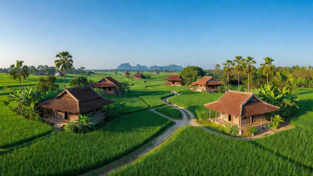 Cảnh quan xanh tươi xã Thượng Lan, thị xã Việt Yên, tỉnh Bắc Giang, Việt Nam, với nhà truyền thống.