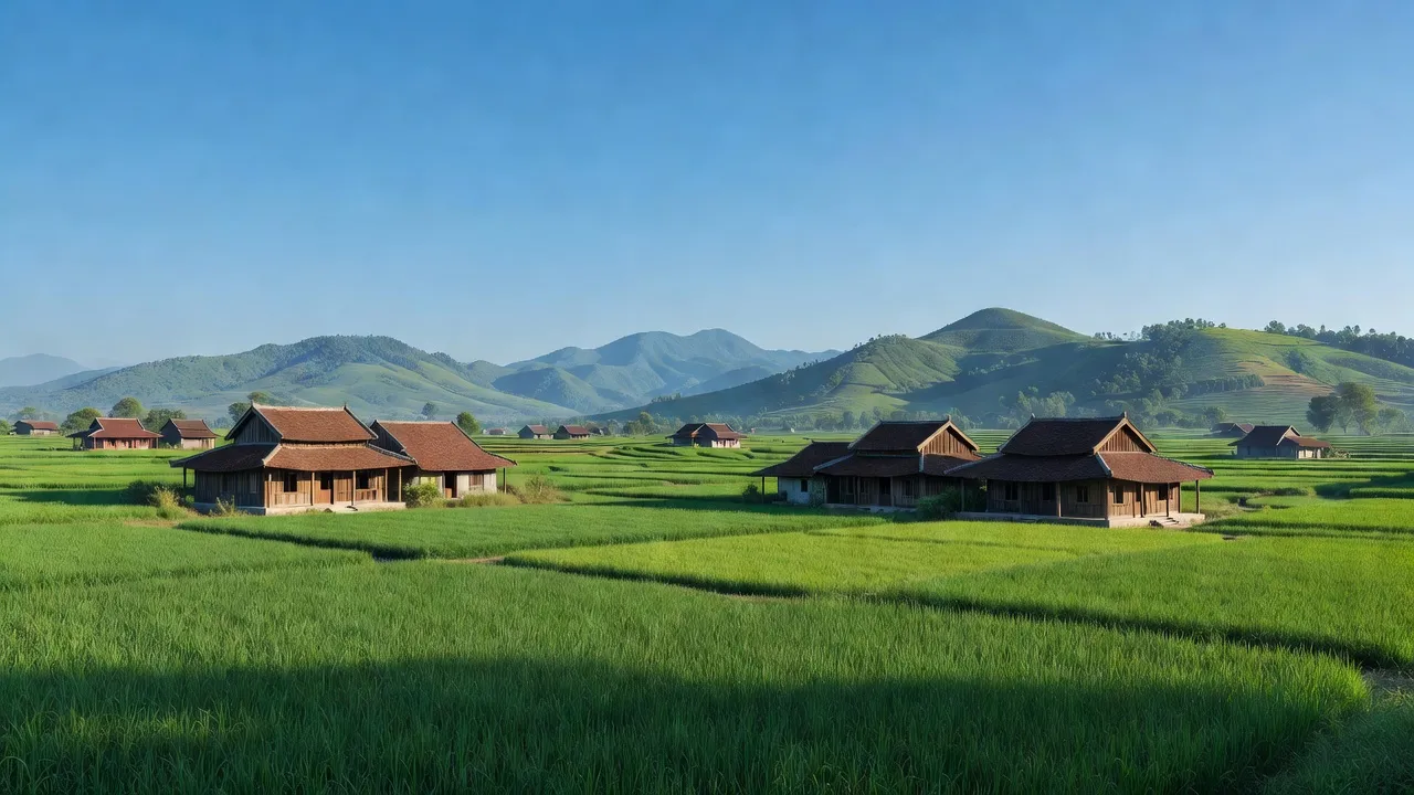 Xã Tiên Sơn, Việt Yên, Bắc Giang với cánh đồng, nhà truyền thống và bầu trời trong xanh.
