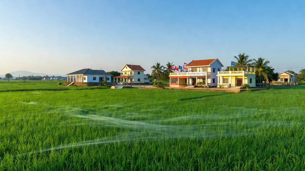 Cảnh đẹp xã Trung Sơn, thị xã Việt Yên, Bắc Giang với nhà văn hóa và cánh đồng xanh.