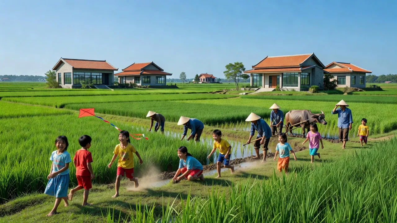 Cảnh quan nông thôn Trung Sơn, Việt Yên, Bắc Giang với nhà văn hóa và cộng đồng sôi động.