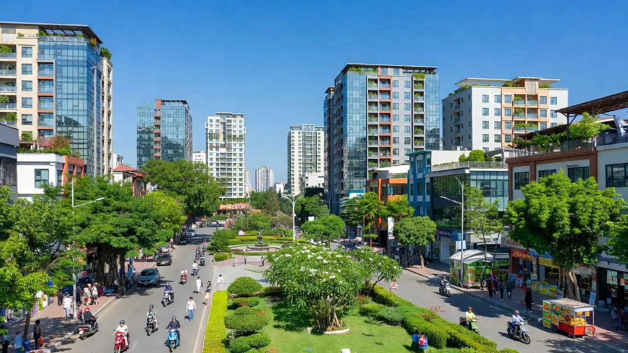 Khung cảnh Phường Tự Lạn, Việt Yên, Bắc Giang với kiến trúc hiện đại và cây xanh.
