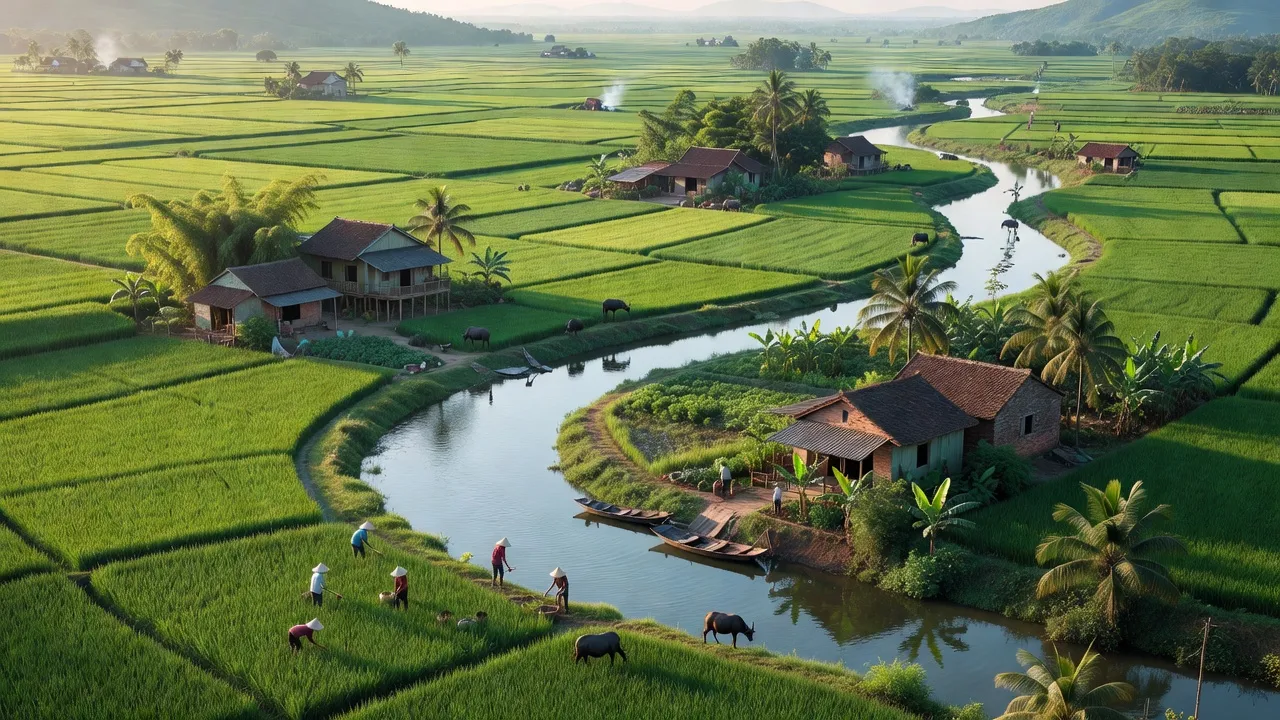 Cảnh quan xã Vân Hà, tỉnh Bắc Giang với sông Cầu và hoạt động nông nghiệp truyền thống.