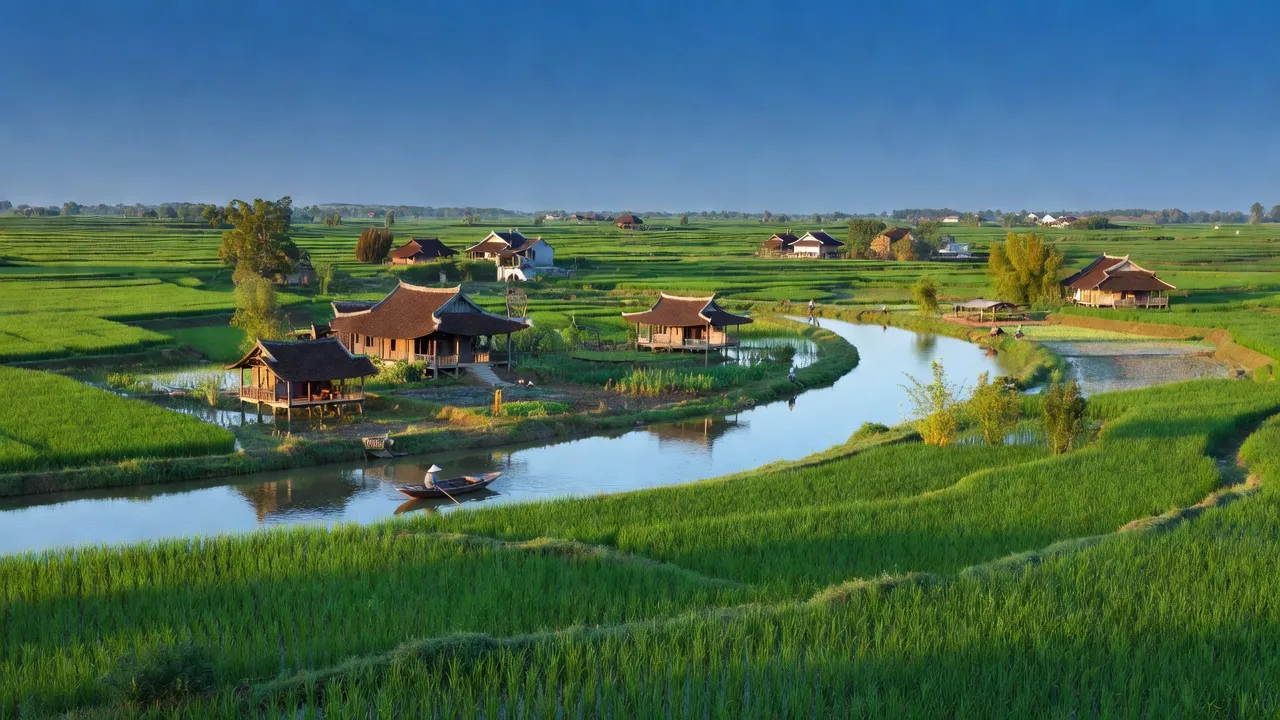 Khung cảnh xã Vân Hà, Thị Xã Việt Yên, tỉnh Bắc Giang với cánh đồng và sông Cầu.