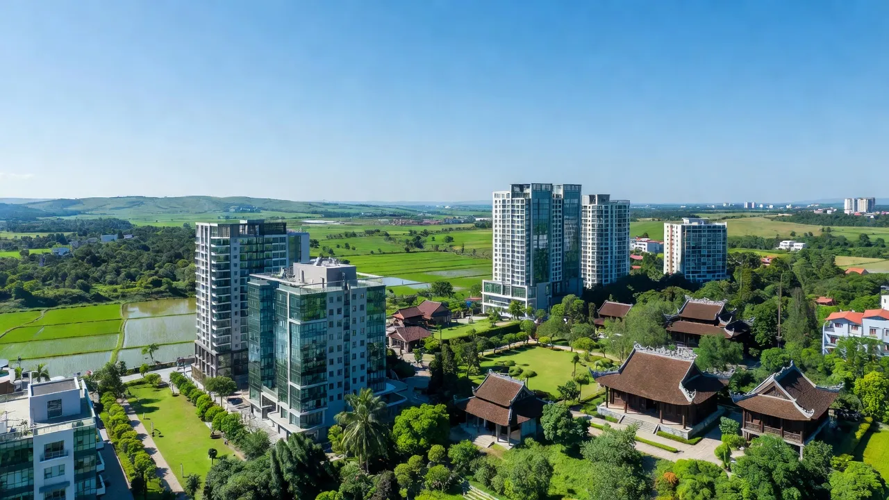 Quang cảnh Xã Việt Tiến, Thị xã Việt Yên, Bắc Giang với sự phát triển đô thị và phong cảnh xanh.