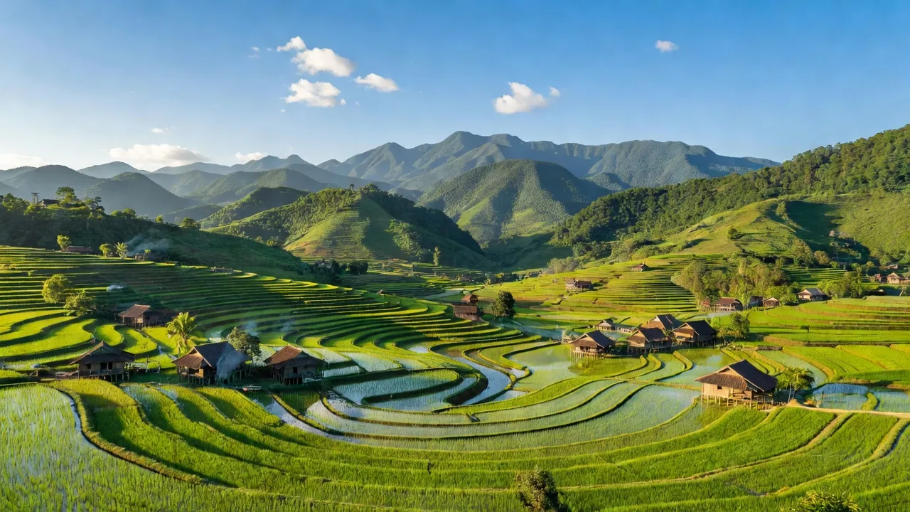 Cảnh quan huyện Yên Thế, tỉnh Bắc Giang với núi non xanh tươi và cánh đồng lúa bát ngát.