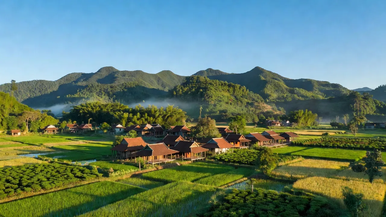 Cảnh sắc huyện Yên Thế, Bắc Giang với núi non xanh tươi và làng quê truyền thống, thu hút du khách.