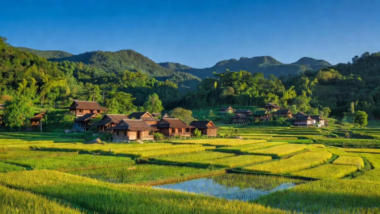 Cảnh đẹp xã An Thượng, huyện Yên Thế, tỉnh Bắc Giang với núi xanh và cánh đồng lúa.